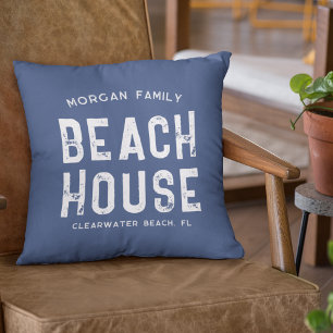 Coussin Nautical Navy Blue White Beach House Nom de famill