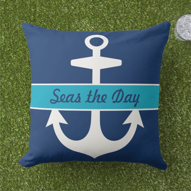 Coussin Nautical Navy et Caribbean Blue Custom Boat Name (Herbe)