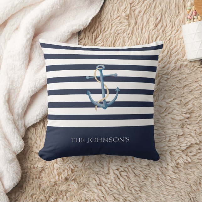 Coussin Nautical Navy Striped Anchor Coastal (Couverture)