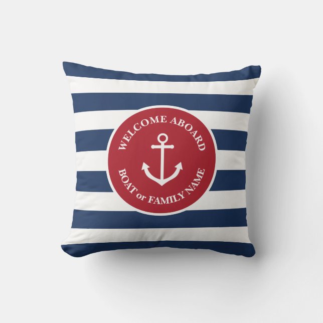 Coussin Nautical striped welcome aboard pillow (Recto)