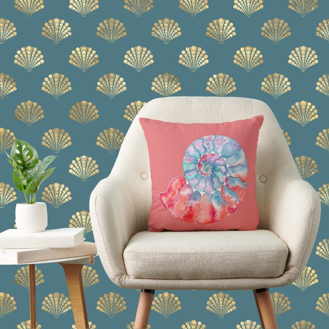 Coussin Nautilus gris bleu sur le corail (Créateur téléchargé)