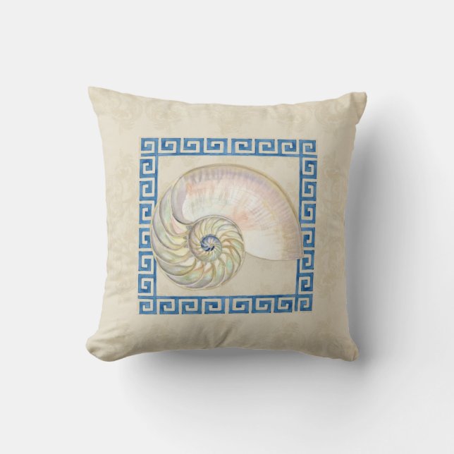 Coussin Nautilus Shell aquarelle grecque clé Damask plage (Recto)
