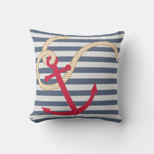 Coussin nautique à rayures bleues avec Ancre roug