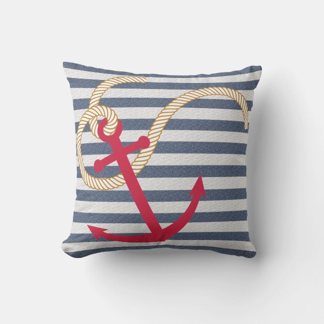Coussin nautique à rayures bleues avec Ancre rouge (Recto)
