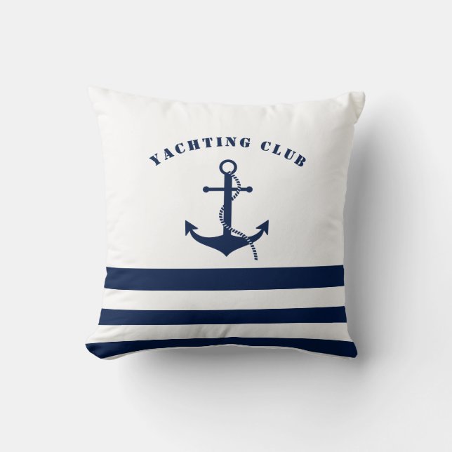 Coussin nautique, Ancre, Bleu et Blanc, Maritime (Recto)