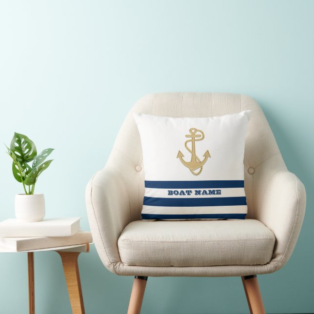 Coussin Nautique, Ancre d'Or  Bleu Marine Rayures Blanches (Chaise)