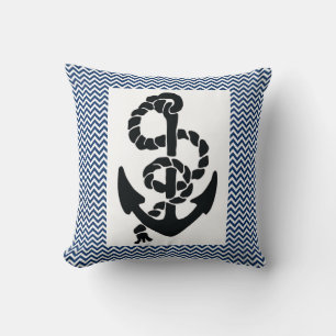 COUSSIN NAUTIQUE /ANCRE ET ROPE, CHEVRONS BLANCS BLEUS MAR
