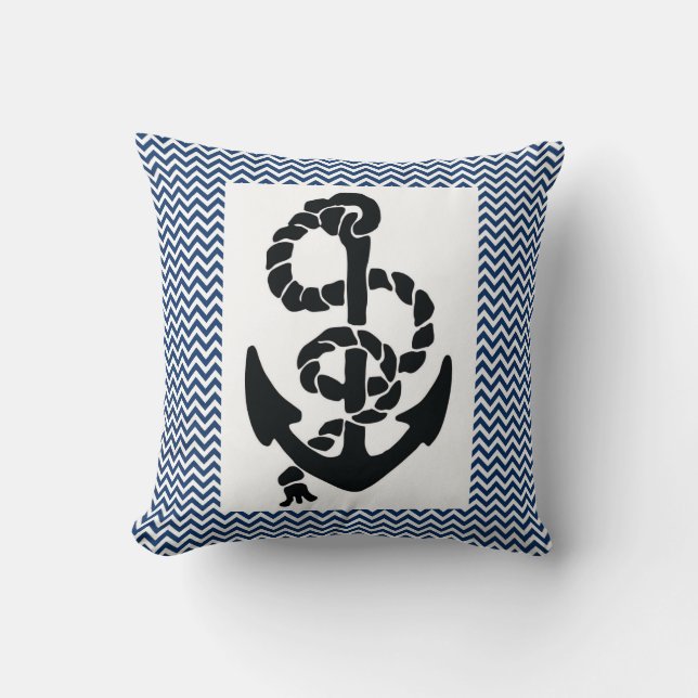 COUSSIN NAUTIQUE /ANCRE ET ROPE, CHEVRONS BLANCS BLEUS MAR (Recto)