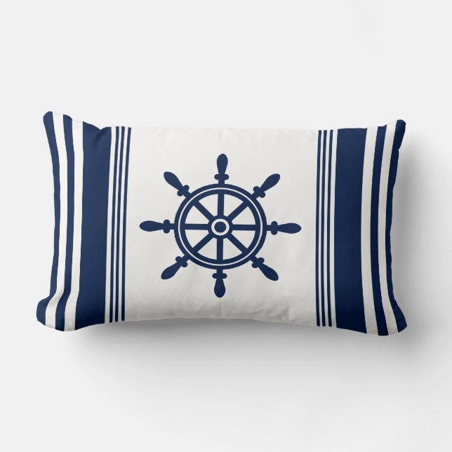 Coussin nautique bleu et blanc, roue de navire (Recto)