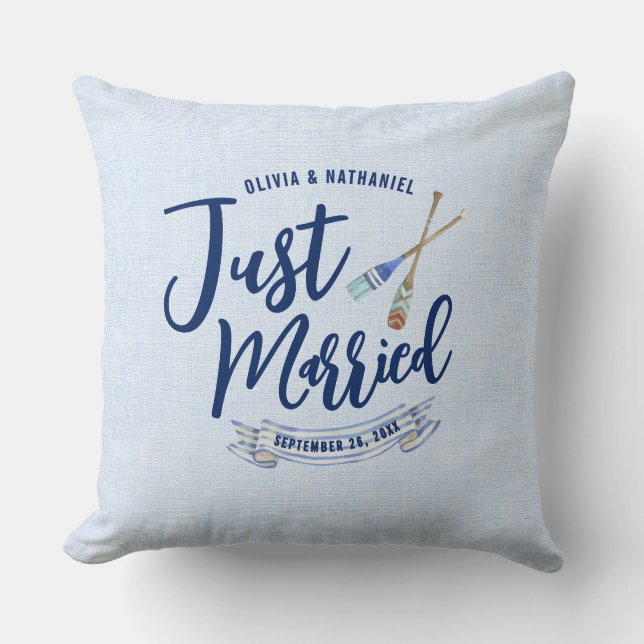 Coussin Nautique Jeunes Mariés Écriture Bleu Marine (Recto)