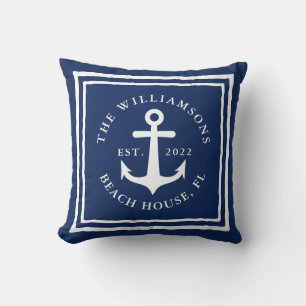 Coussin Nautique Marine Bleu Blanc Nom de famille Maison d