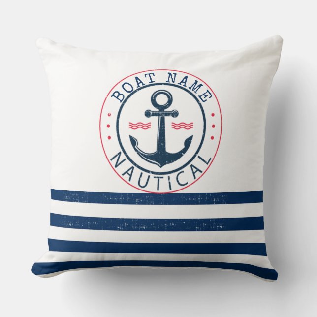 Coussin Nautique, nom du bateau, ancres à rayures bleu mar (Recto)