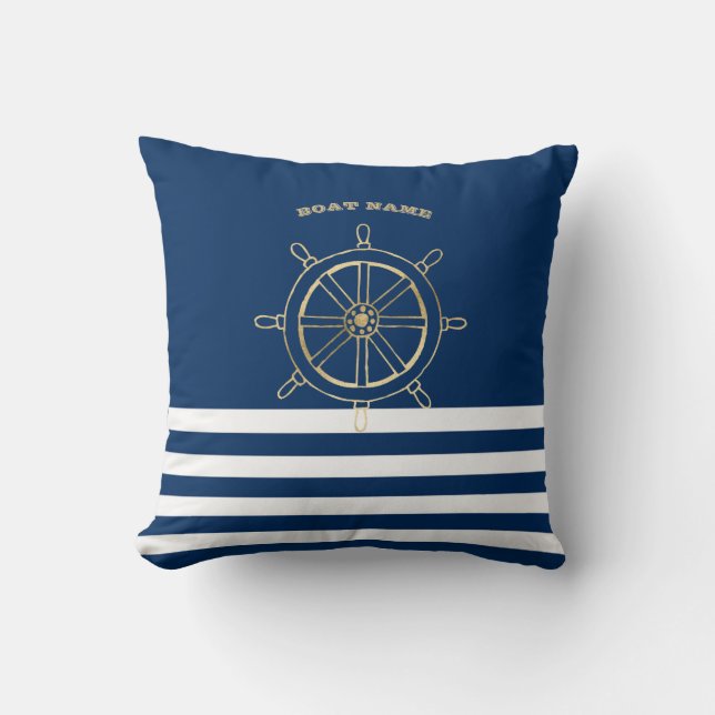Coussin Nautique, Roue de bateau dorée, Rayures bleu marin (Recto)