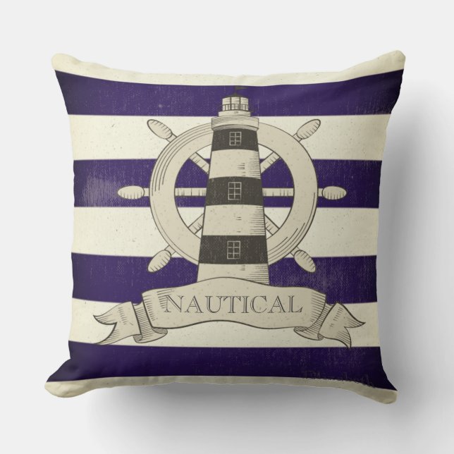 Coussin Nautique,Roue de Bateau,Rayes Bleues et Blanches (Recto)