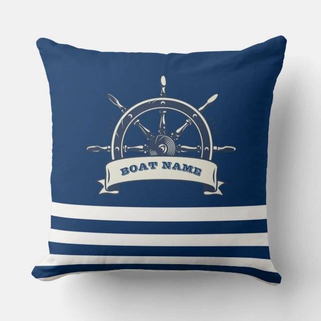 Coussin Nautique, Roue de Bateau, Rayures Bleu Marine (Recto)