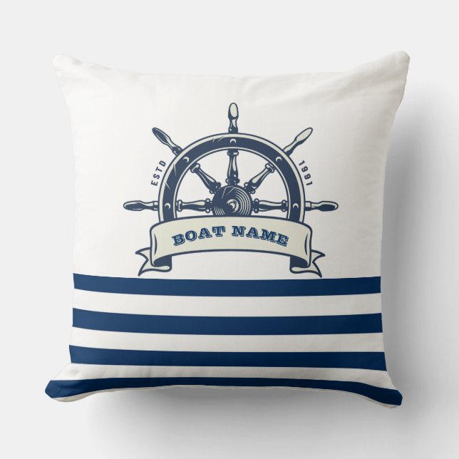 Coussin Nautique, Roue de Bateau, Rayures Bleu Marine et B (Recto)