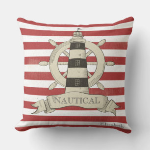Coussin Nautique,Roue de Bateau, Rayures Rouges et Blanche