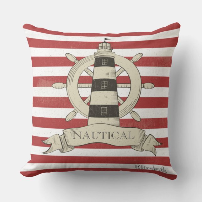 Coussin Nautique,Roue de Bateau, Rayures Rouges et Blanche (Recto)