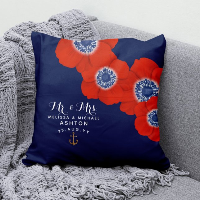 Coussin Nautique rouge blanc et bleu anémones datés (Créateur téléchargé)