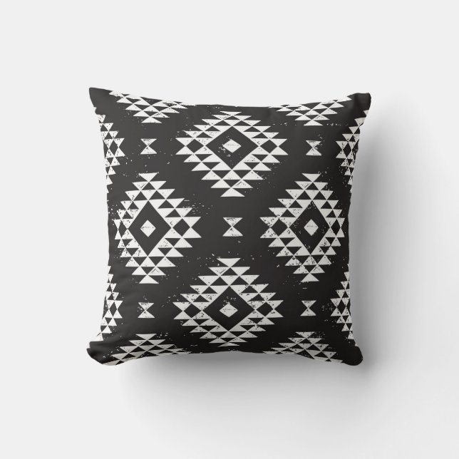 Coussin Navajo Géométrique : Tribal Blanc Noir. (Recto)