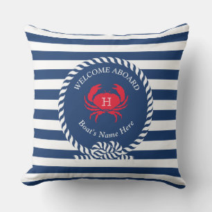 Coussin Navire Blue Red Crab Nautique Stripes Nom du batea