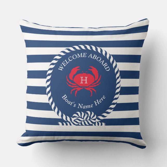 Coussin Navire Blue Red Crab Nautique Stripes Nom du batea (Recto)