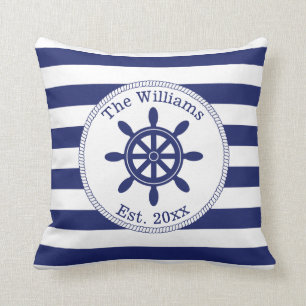 Coussin Navire nautique Roue Marine Blue Stripes Nom de fa