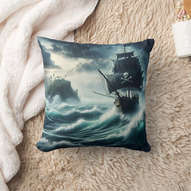 Coussin Navire pirate affrontant des mers orageuses près d (Couverture)