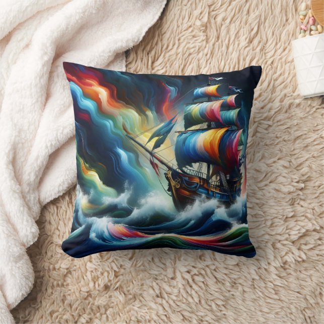 Coussin Navire Pirate Coloré Naviguant À Travers Des Vague (Couverture)