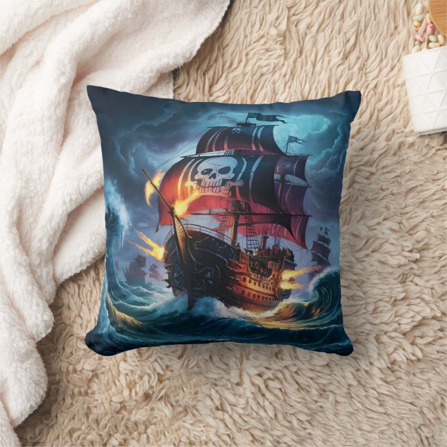 Coussin Navire pirate naviguant Mer orageuse à la nuit (Couverture)