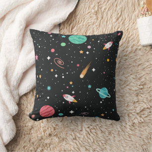 Coussin Navires spatiaux et planètes en noir