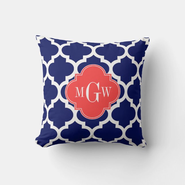 Coussin Navy Blanc Marocain #5 Corail Rouge 3 Initiale Mon (Recto)