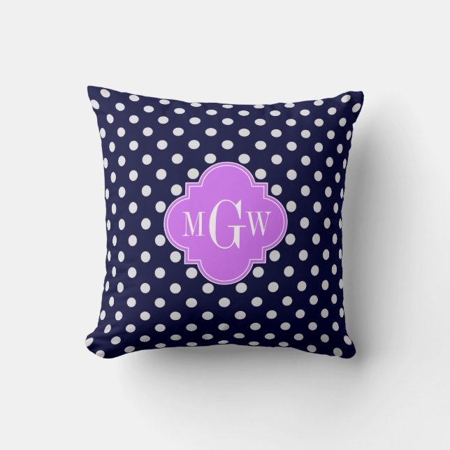 Coussin Navy Blanc Points de Polka Lilas Quatrefeuilles 3  (Recto)