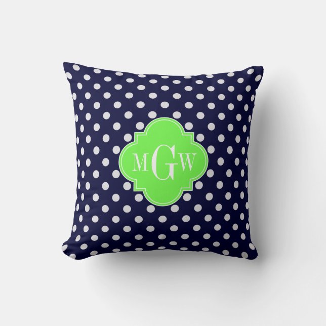 Coussin Navy Blanc pois verts Quatrefeuilles 3 Monogramme (Recto)