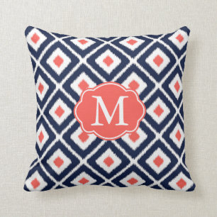 Coussin Navy Blue, Coral, White Ikat Diamond Motif