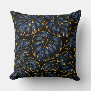 Coussin Navy Blue Gold Monstera Luxury Botanical