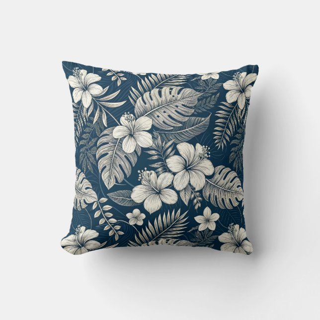 Coussin Navy Blue Hibiscus Monstera Tropical Botanical (Recto)