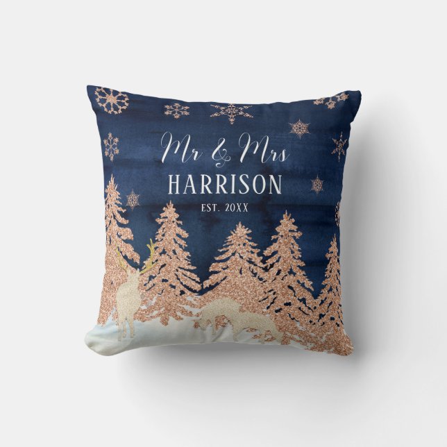 Coussin Navy Rose Or Glittering Hiver forêt M. et Mme (Recto)