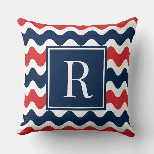 Coussin Navy & Rouge Prépa Ric Rac Rayure Monogramme  (Recto)