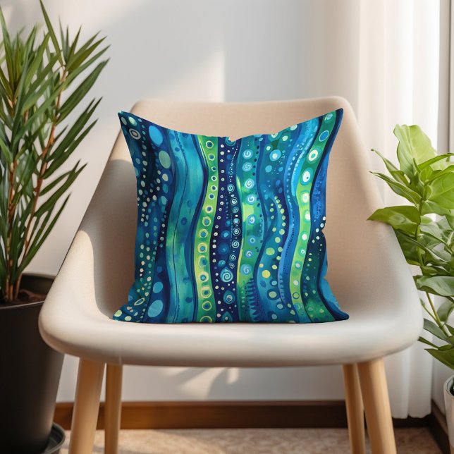 Coussin Navy Sarcelle Lime Bohème Rayé Ondulé (Navy Teal Lime Bohemian Wavy Striped Throw Pillow)