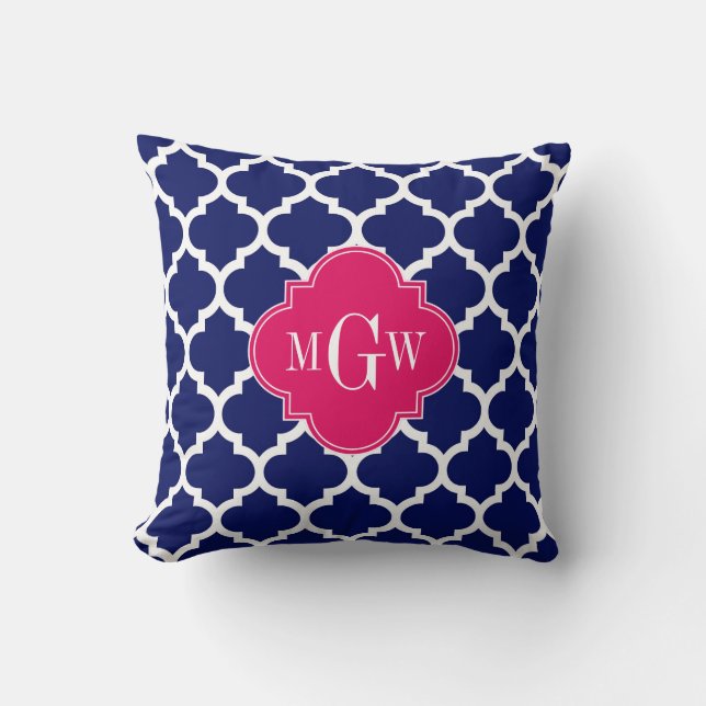 Coussin Navy Wht Marocain #5 framboise 3 Initiale Monogram (Recto)