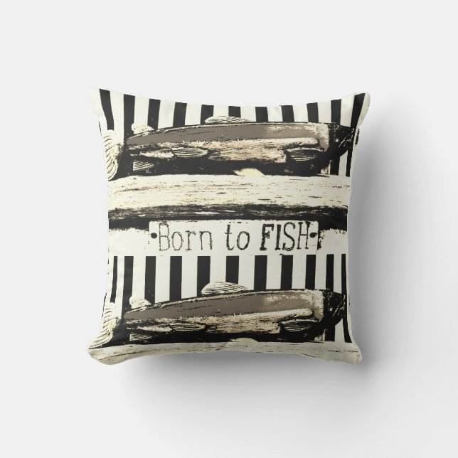 Coussin Né à la pêche, le motif du pêcheur sépia (Recto)