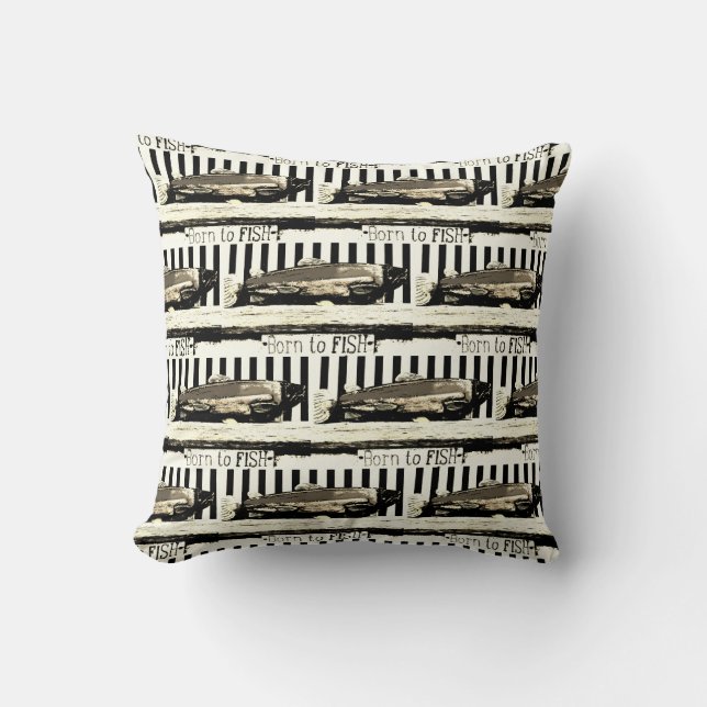 Coussin Né à la pêche, le motif du pêcheur sépia (Recto)