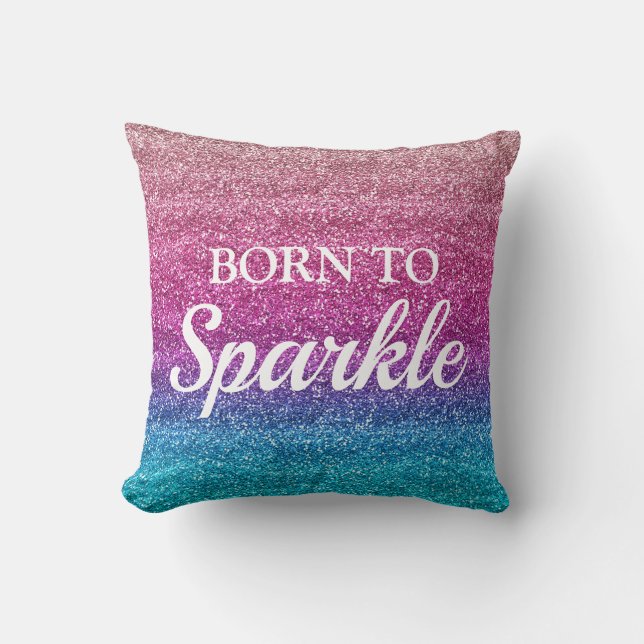 Coussin Née pour scintiller de paillettes en rose et bleu (Recto)