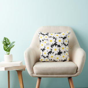 Coussin Négative Space Daisies blanc jaune sur noir