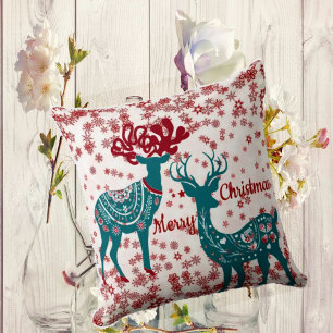 Coussin Neige Scandinave nordique de Noël Reindeer couple
