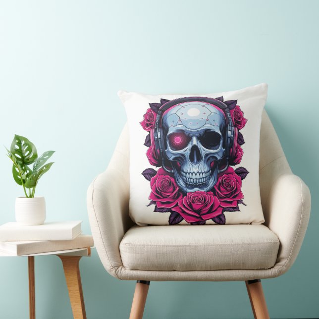 Coussin Neon Cyber-mort crâne et Rose blanc (Chaise)