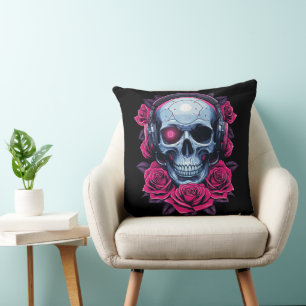 Coussin Neon Cyber Mort Crâne et Rose Noir