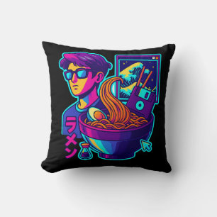Coussin Neon Cyber Ramen - Vaporwave Art esthétique rétro