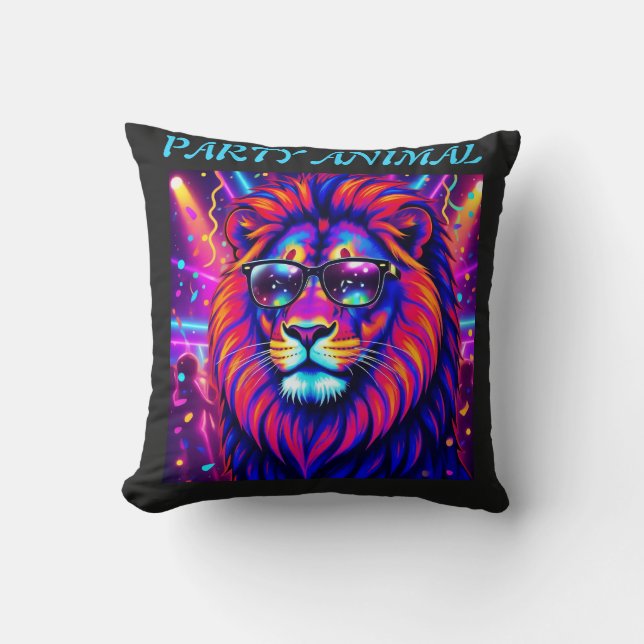 Coussin Neon Lion Party Animal – Colourful Retro Graphic (Recto)